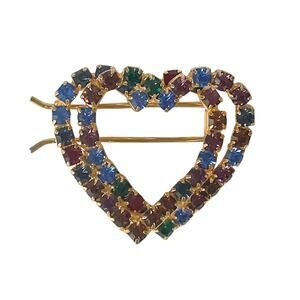 1980s Blue & Red Rhinestone Gold Plate Double Heart Barrette Hair Jewelry Clip